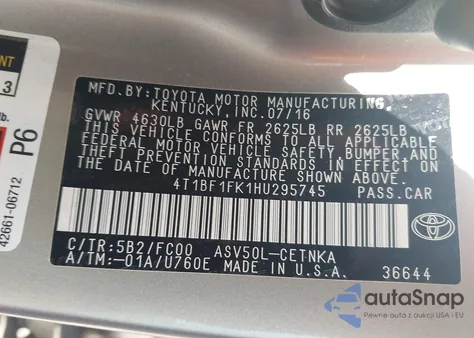 2017 Toyota Camry Le from USA, damaged, VIN 4T1BF1FK1HU295745